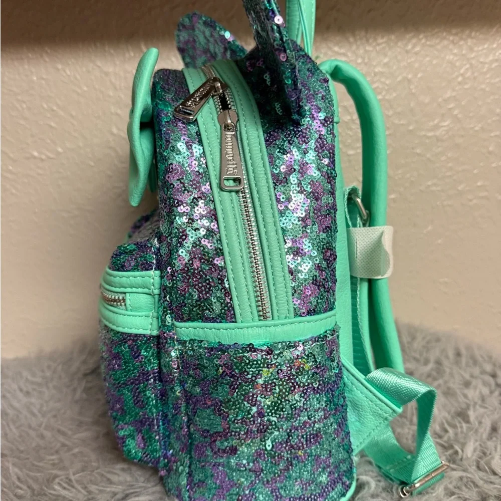 Loungefly Disney Park Mint and Purple Sequin Minnie Ear Backpack with Bow